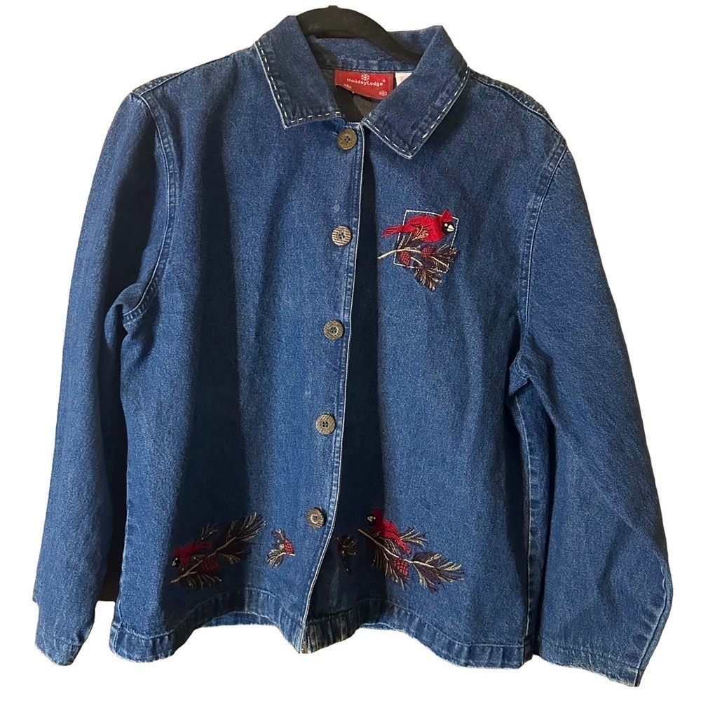 Vintage Holiday Lodge Embroidered Beaded Cardinals Button Jean Jacket Sz XL